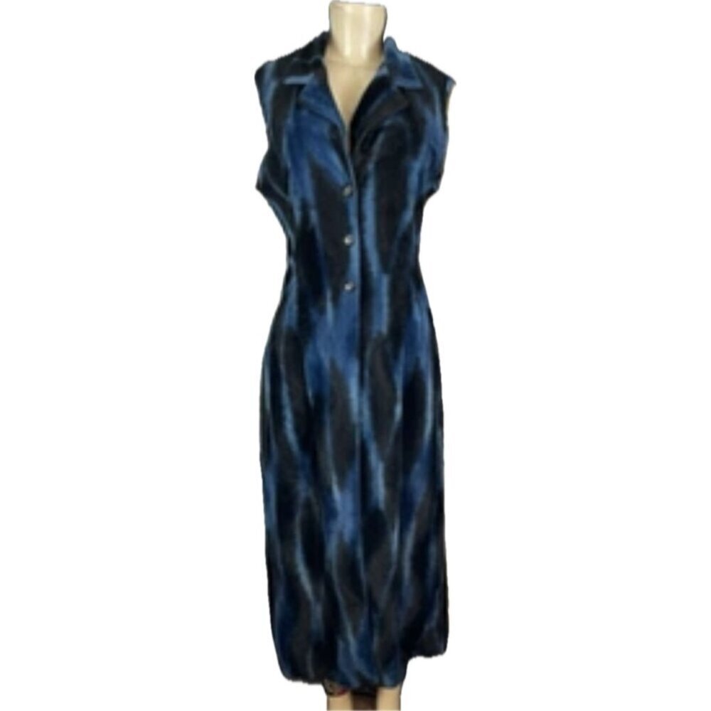 Sense M Blue/Black Animal Print Velour 3 Button Closure Sleeveless Midi Topper - Picture 2 of 6